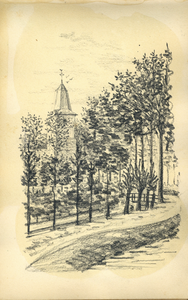222069 Gezicht op een weggetje te Overlangbroek (gemeente Langbroek), met op de achtergrond de toren van de N.H. ...